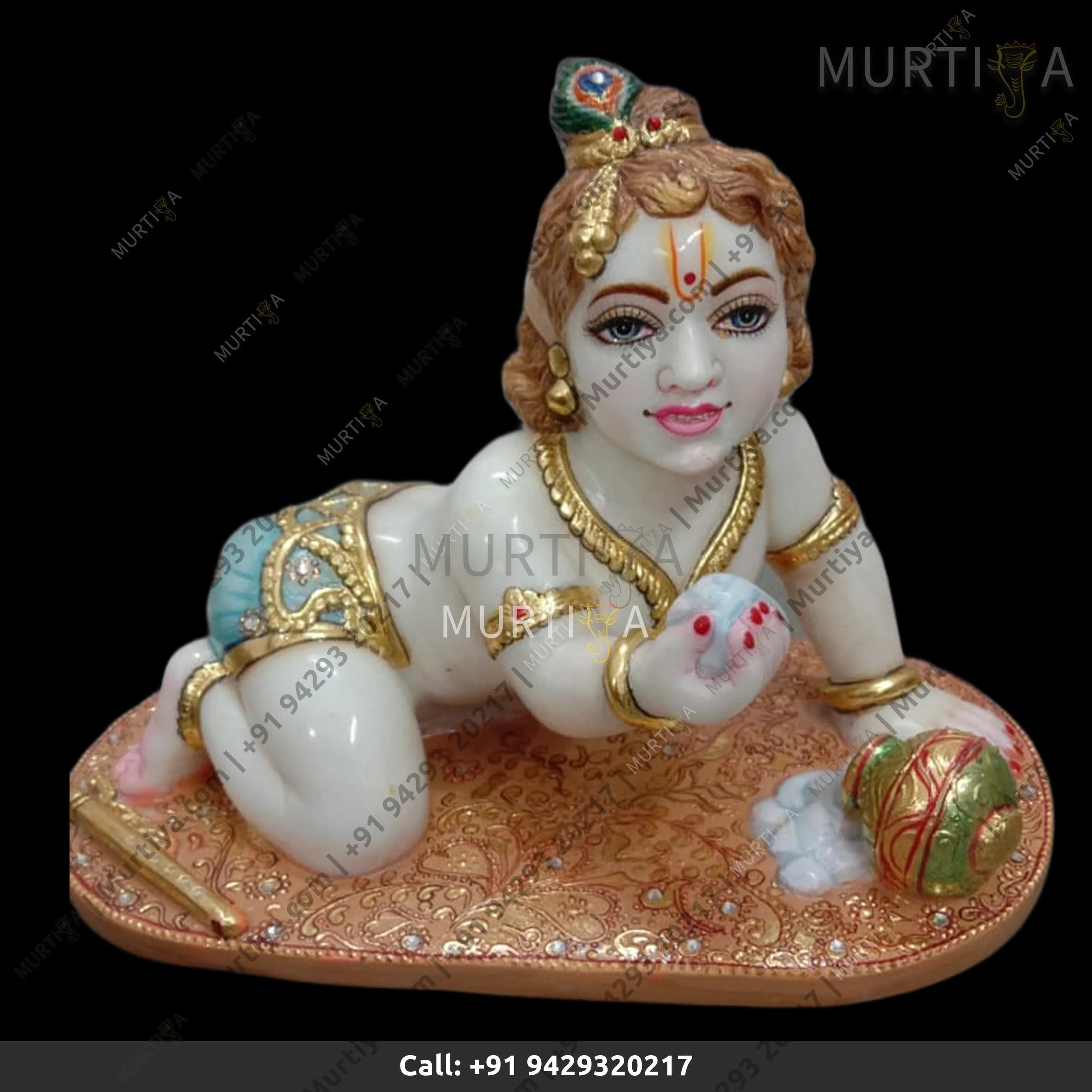 Marble Laddu Gopal with Makhan Idol 9–11 Inch Makrana Marble