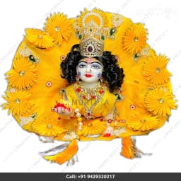 White Laddu Gopal Marble Murti (9in) Yellow Cloth Jewellery - 2