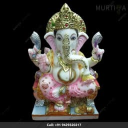 Marble Ganesh ji Fully Painted Multicolored Idol in Makrana Marble - 1