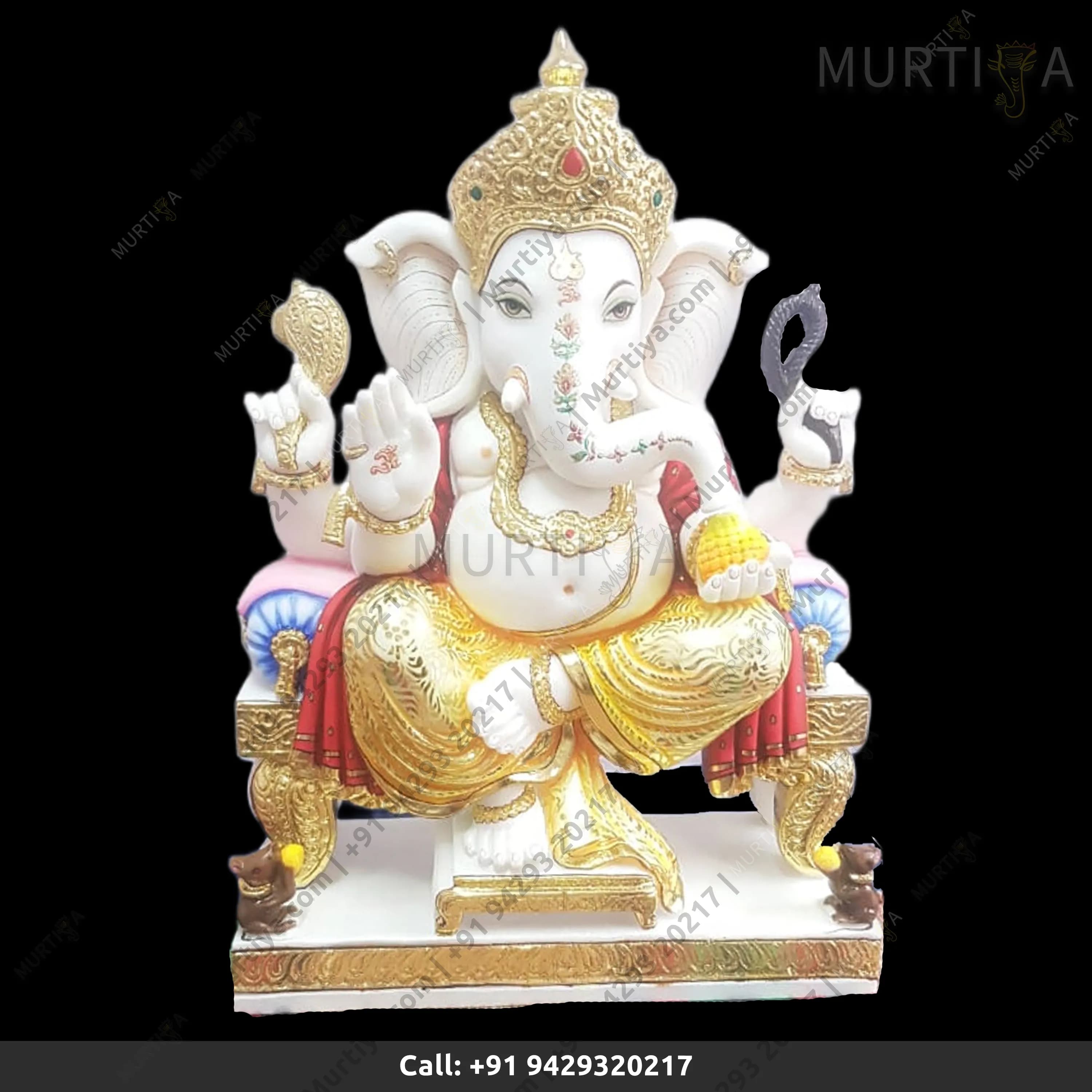 Marble Ganesh ji with Golden Painted 12 Inch Makrana Idol
