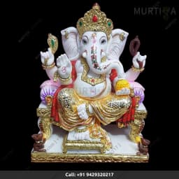Marble Ganesh ji with Golden Painted (Makrana, 12–30 Inch) Idol - 1