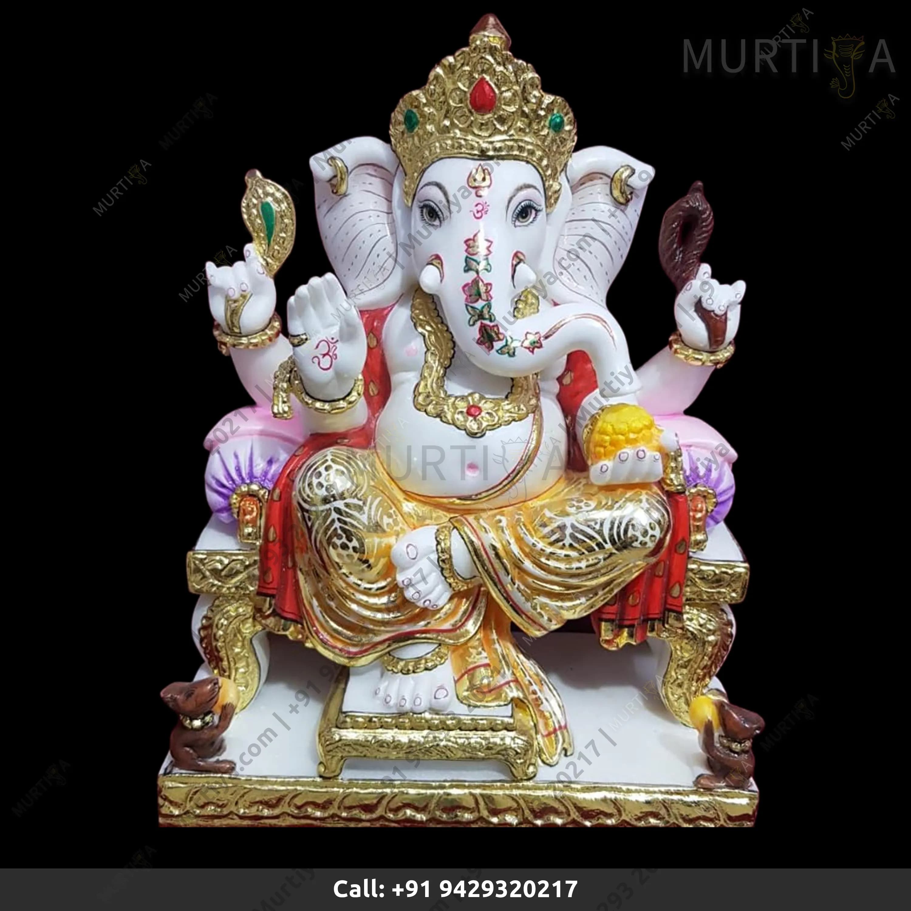 Marble Ganesh ji with Golden Painted (Makrana, 12–30 Inch) Idol