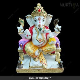 Marble Ganesh ji Golden & Red Painting Work (12 Inch) - 1