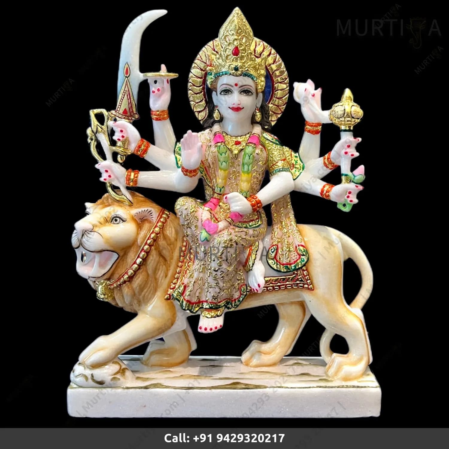 18 Inch Pure Marble Durgaa Maa Idol with Emboss Work