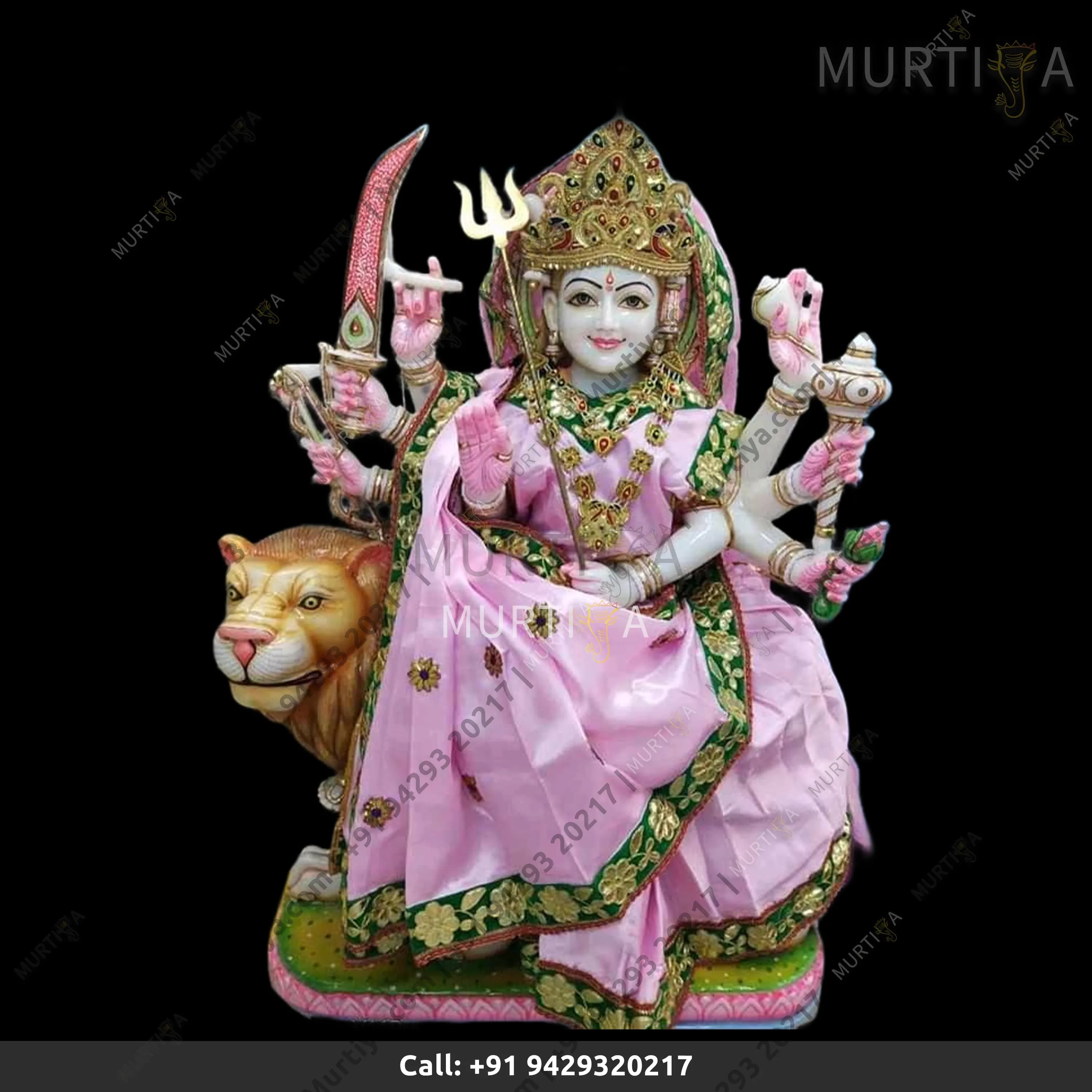 Marble Durga Maa With Clothes & Lotus Base Idol (Makrana)