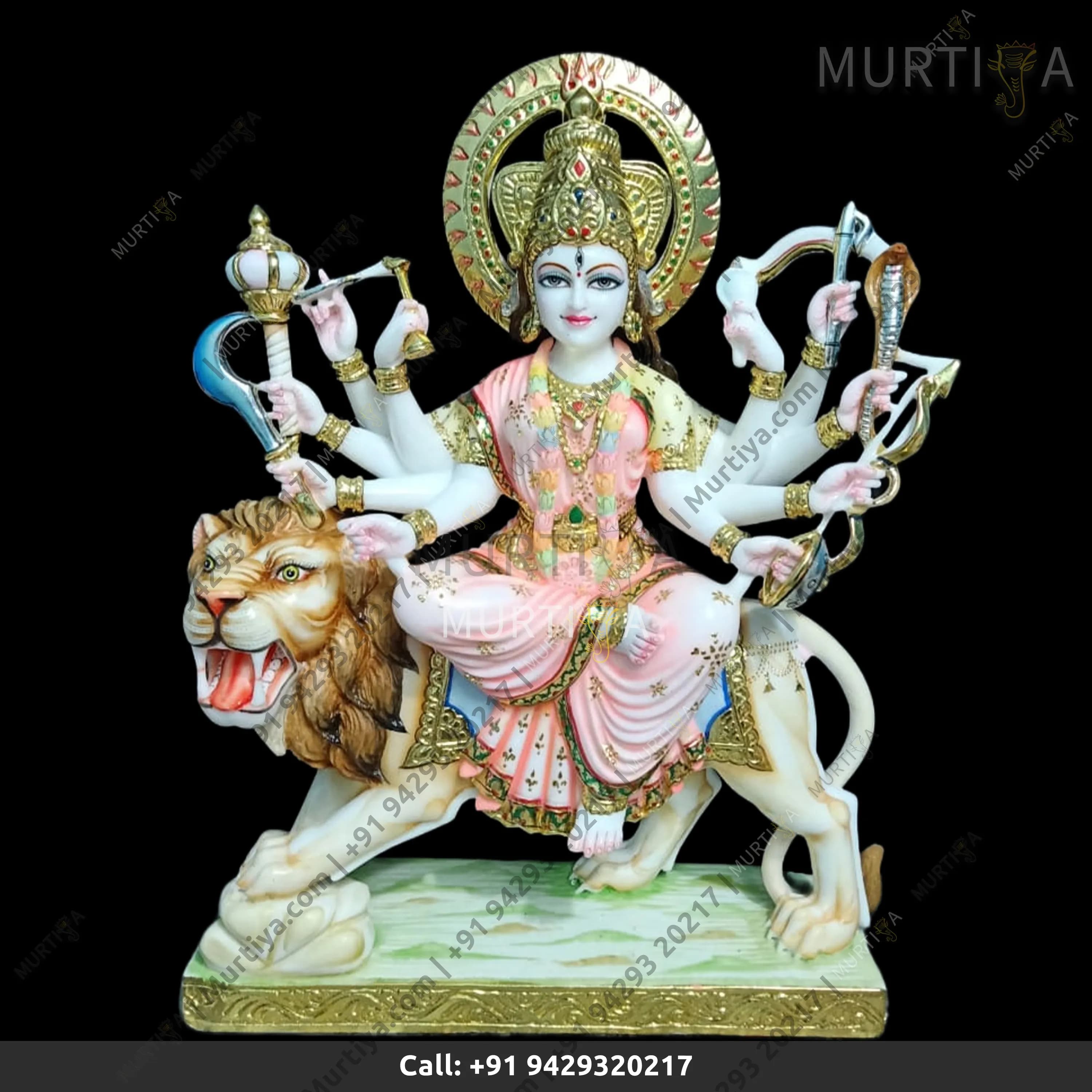 Marble Durga Maa With Light Pink & Aggressive Lion 10 Hands Idol