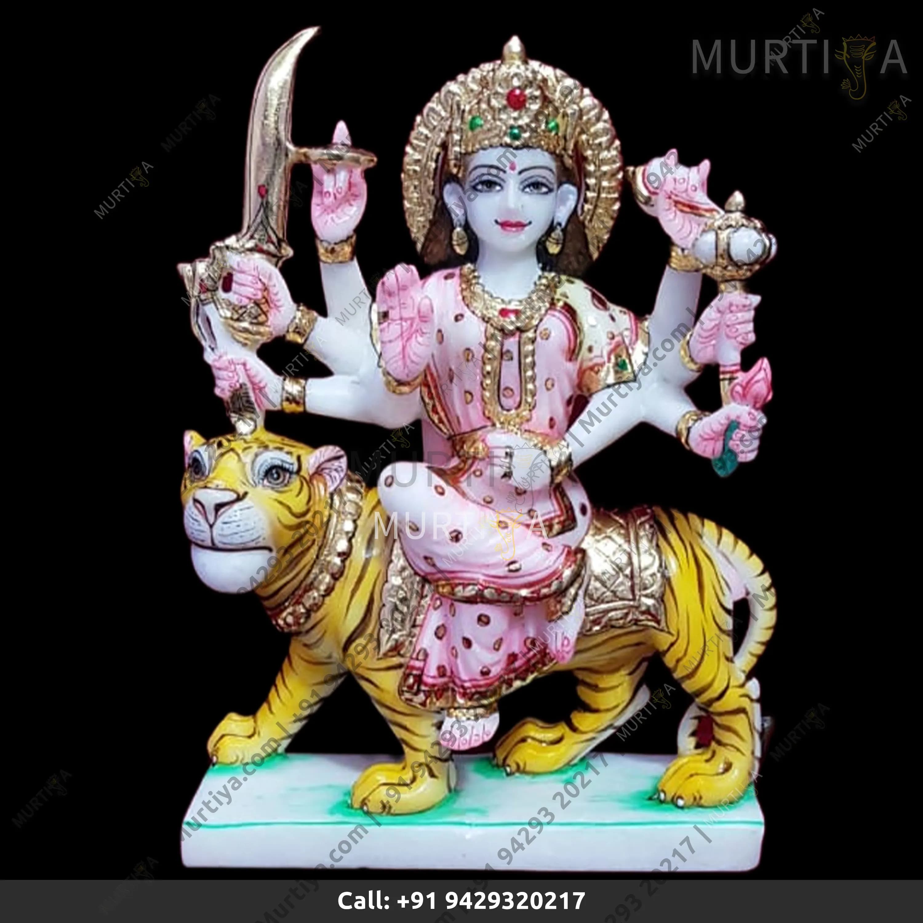 Marble Durga Maa With Light Pink Saree And Yello Lion Idol