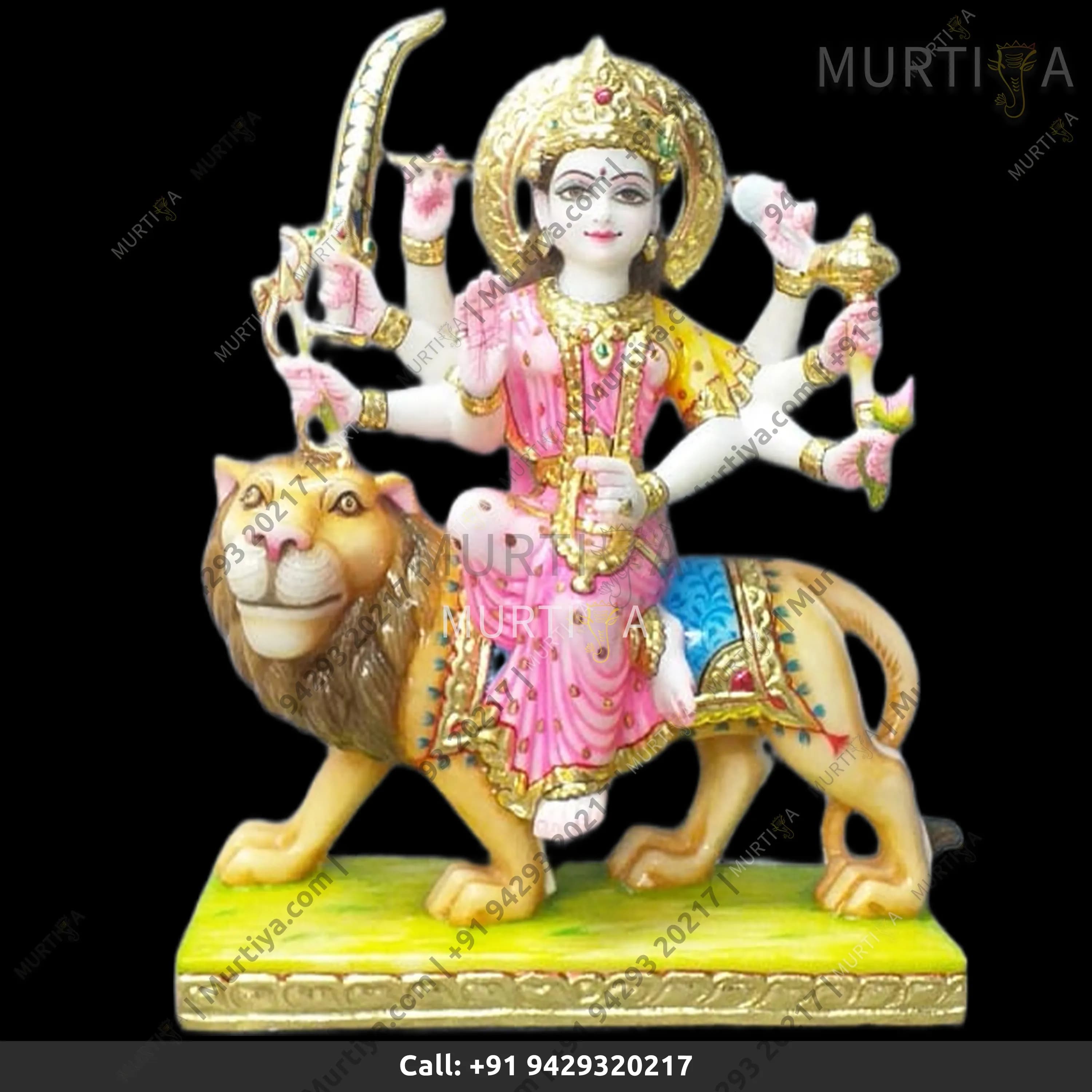 Marble Durga Maa With Light Red & Light Blue Matt Idol (Makrana)