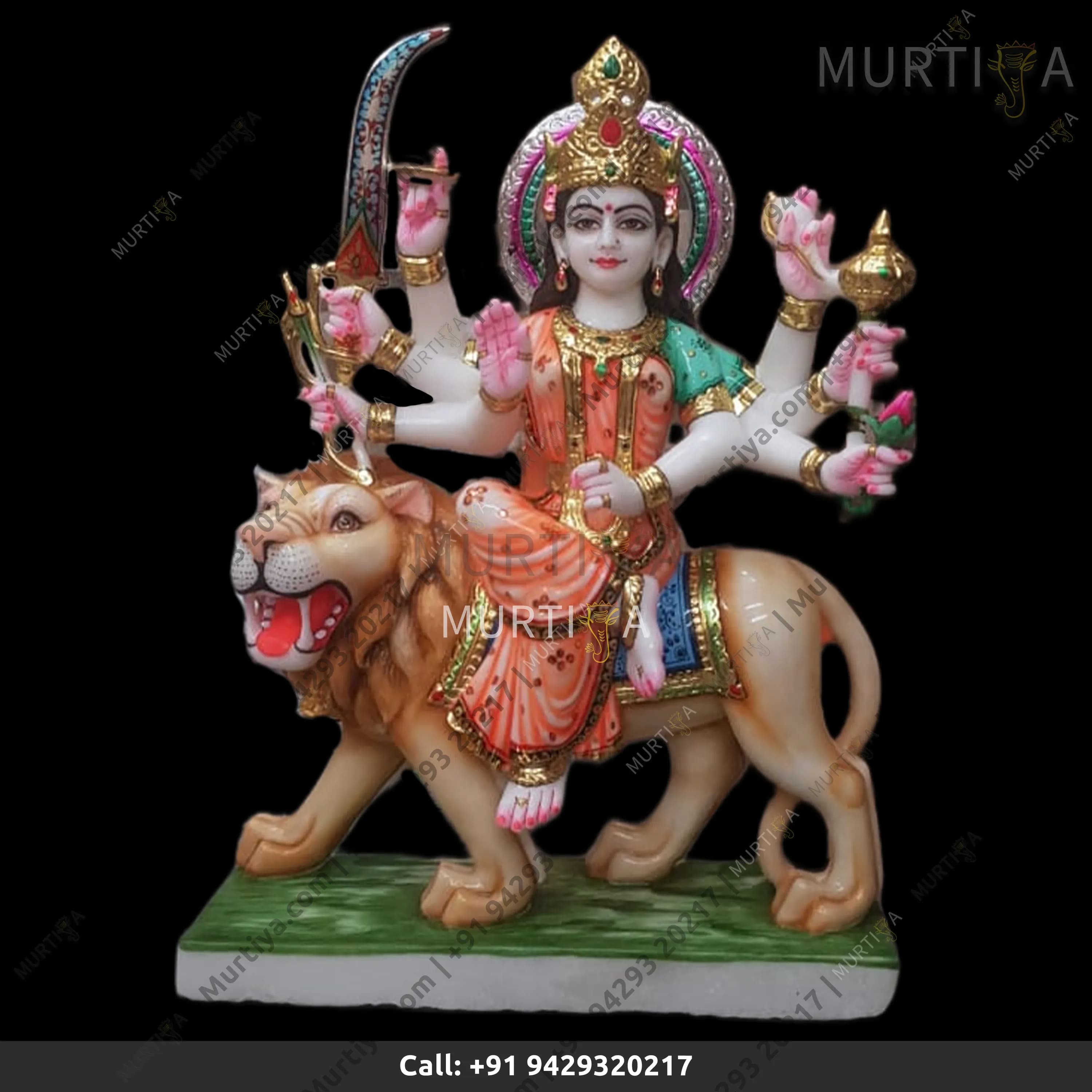 Marble Durga Maa With Orange & Green Saree Lion Idol (Makrana)