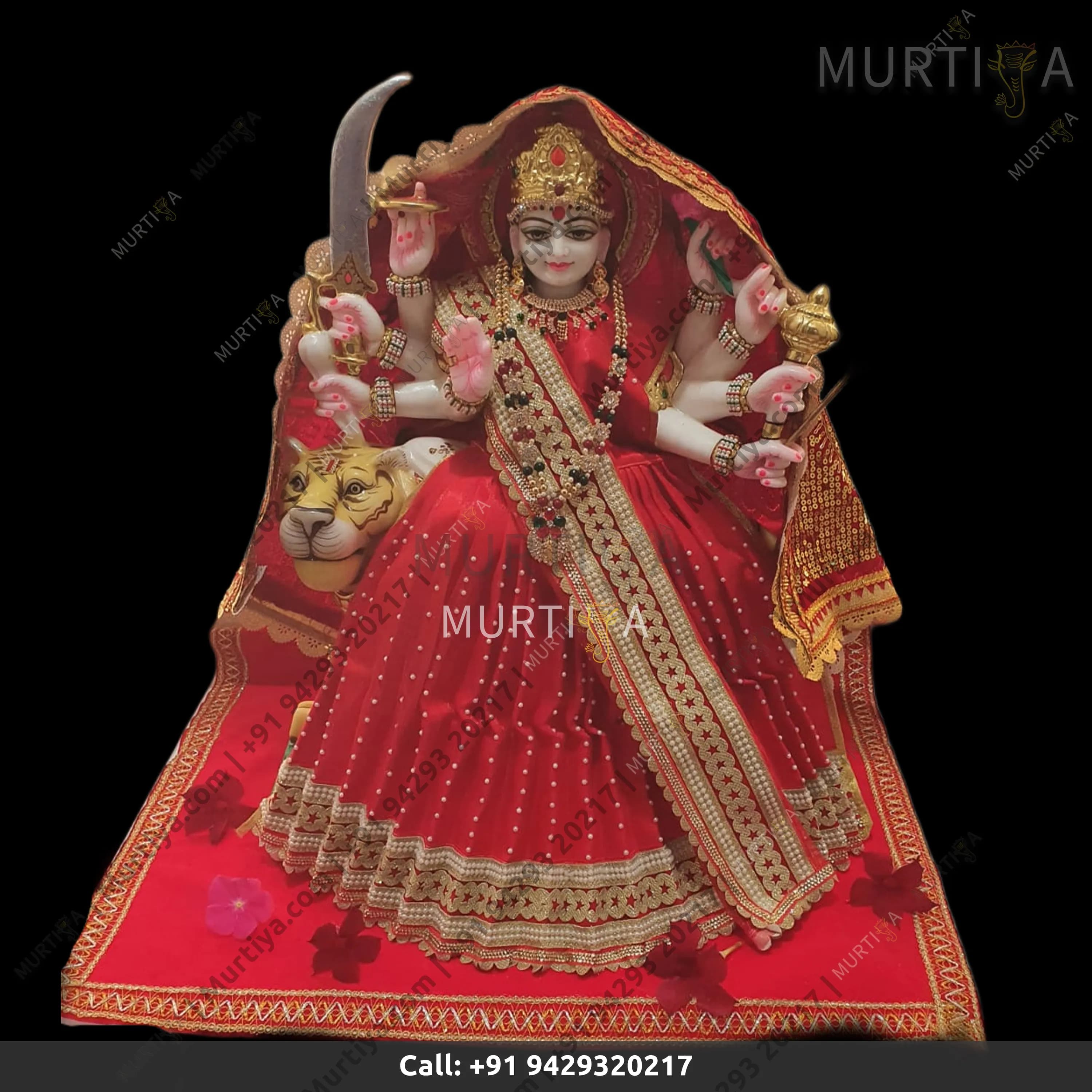 Marble Durga Maa With Red White And Garland, Makrana (12–30 Inch)