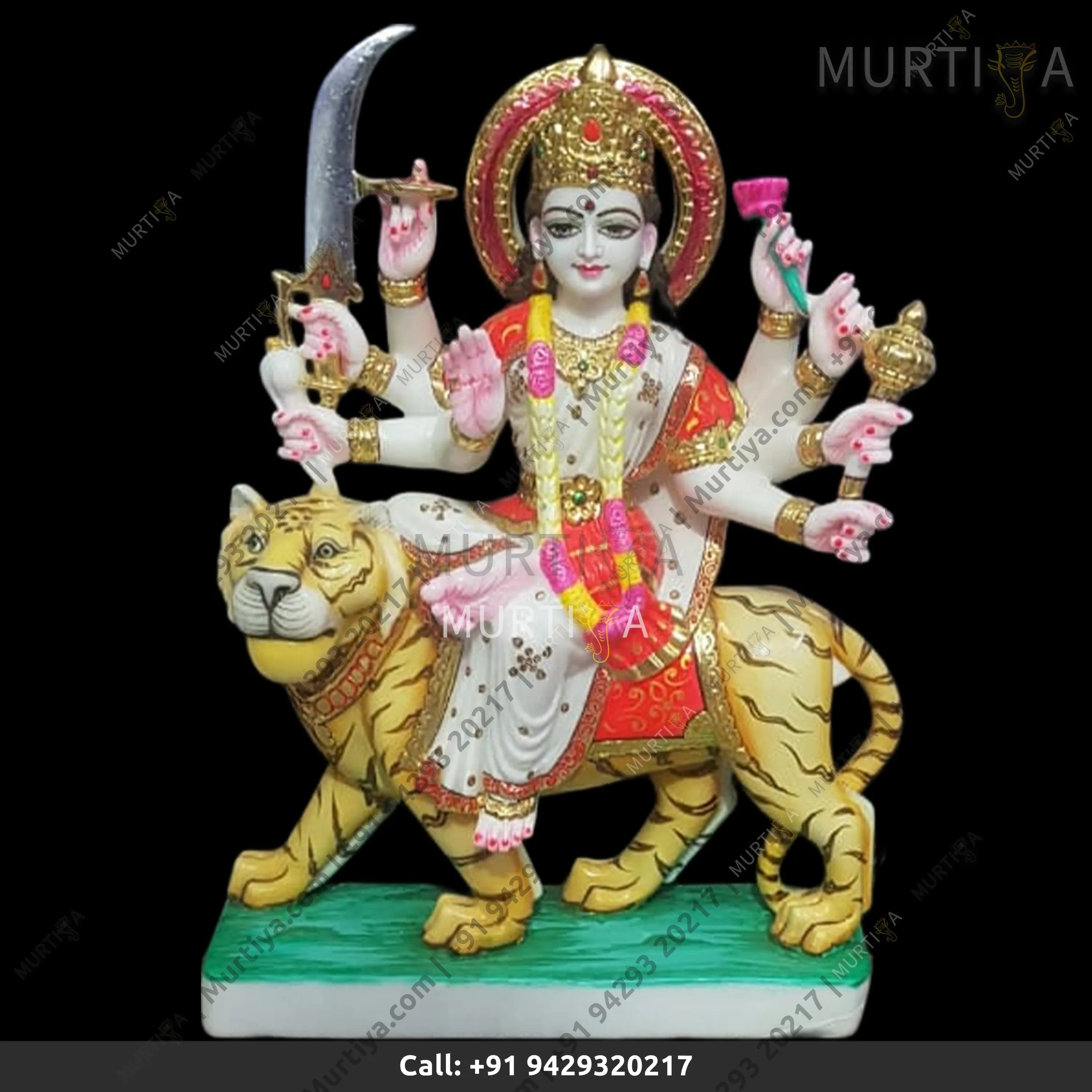 Marble Durga Maa With White Saree And White Lion 12 Inch Idol