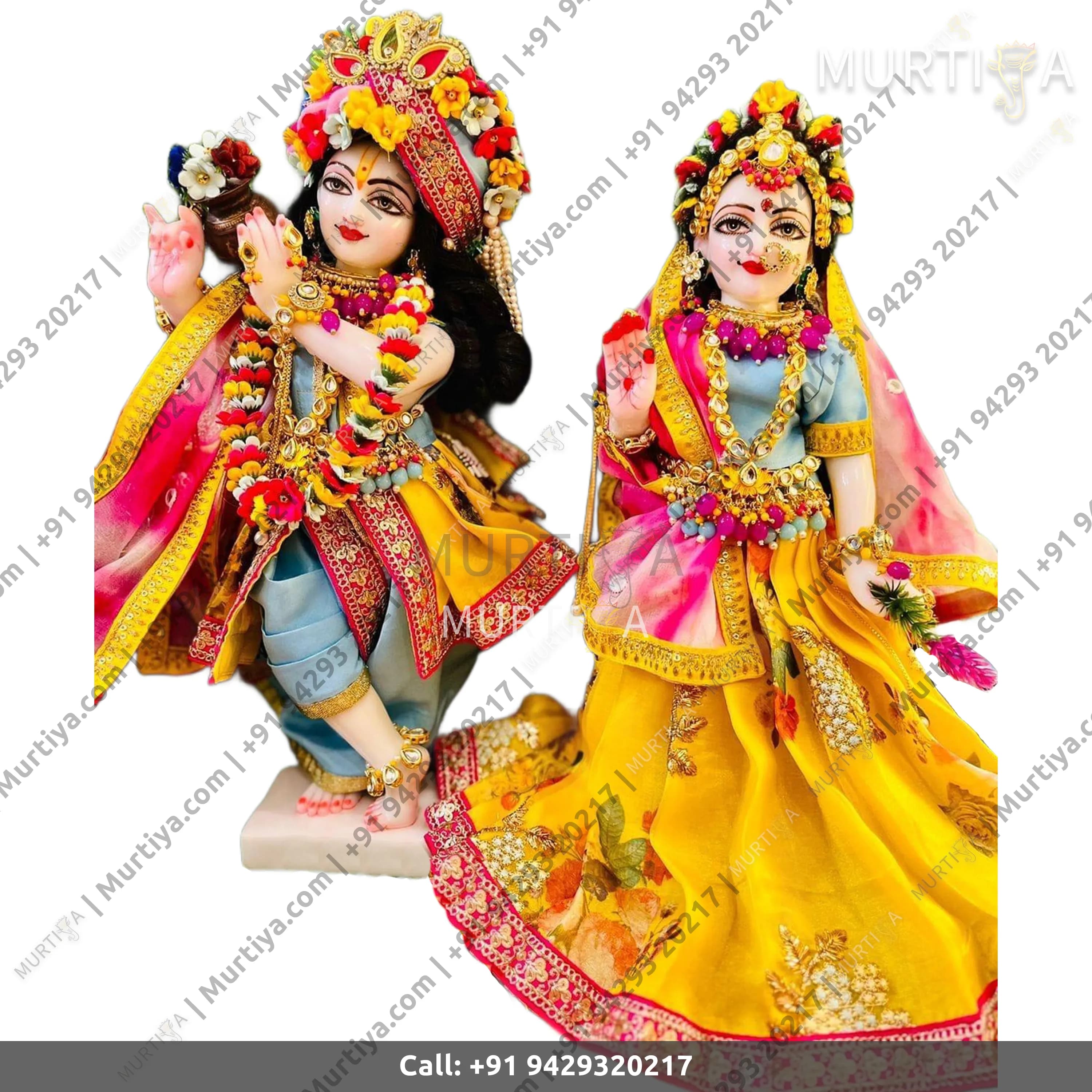 ISKCON White Radha Krishna Marble Statue Handmade (Yellow-Blue Clothes)