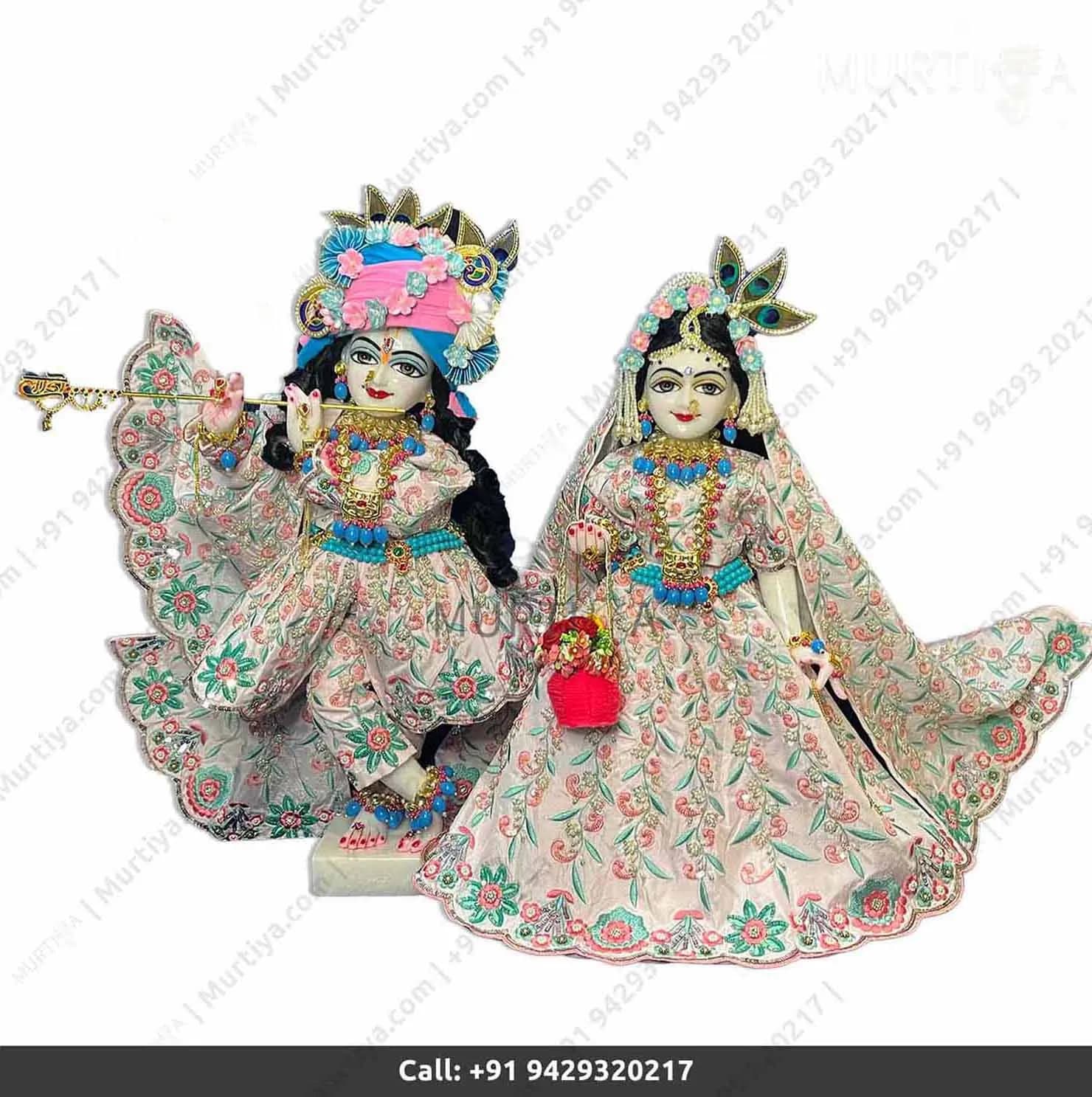 18" ISKCON White Radha Krishna Marble Statue (Off-White Dress)