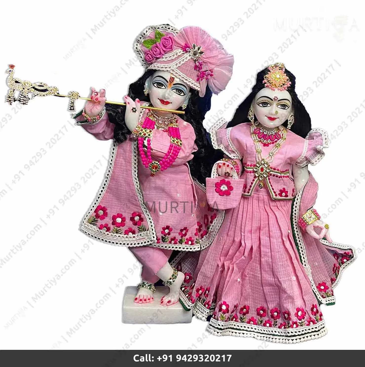 18 Inch ISKCON White Radha Krishna Marble Statue (Pink Dress) Handmade