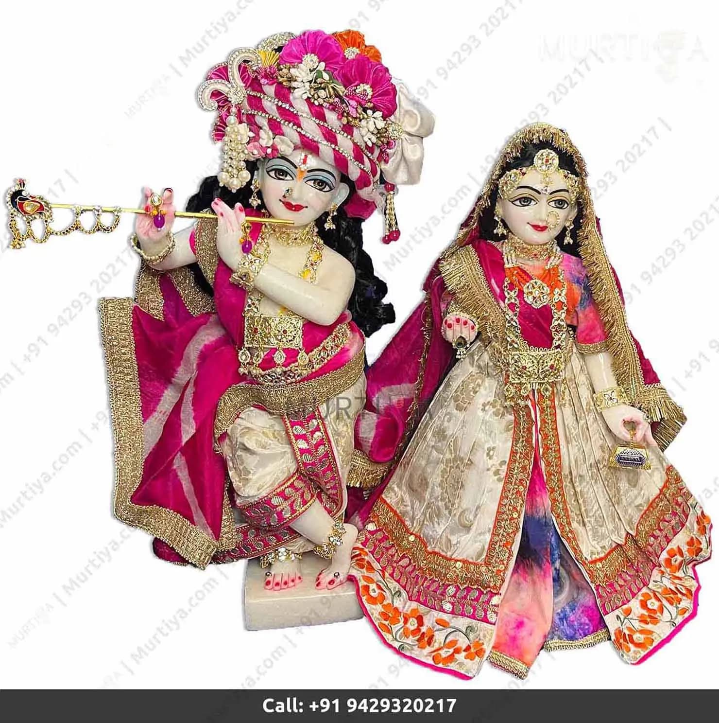 18 Inch ISKCON White Radha Krishna Marble Statue (Makrana, Handmade)