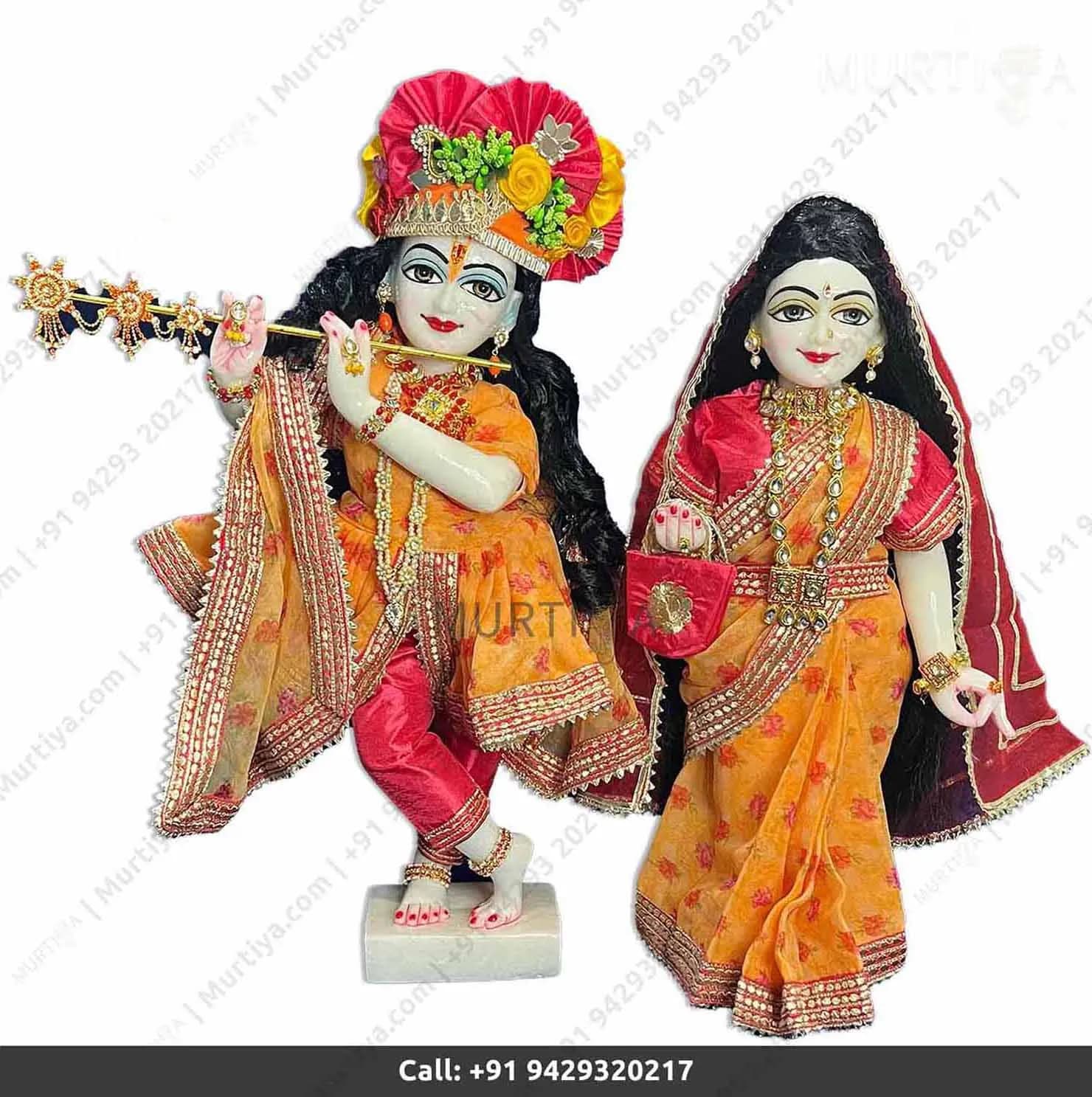 18 Inch ISKCON White Radha Krishna Marble Statue (Yellow Dress)