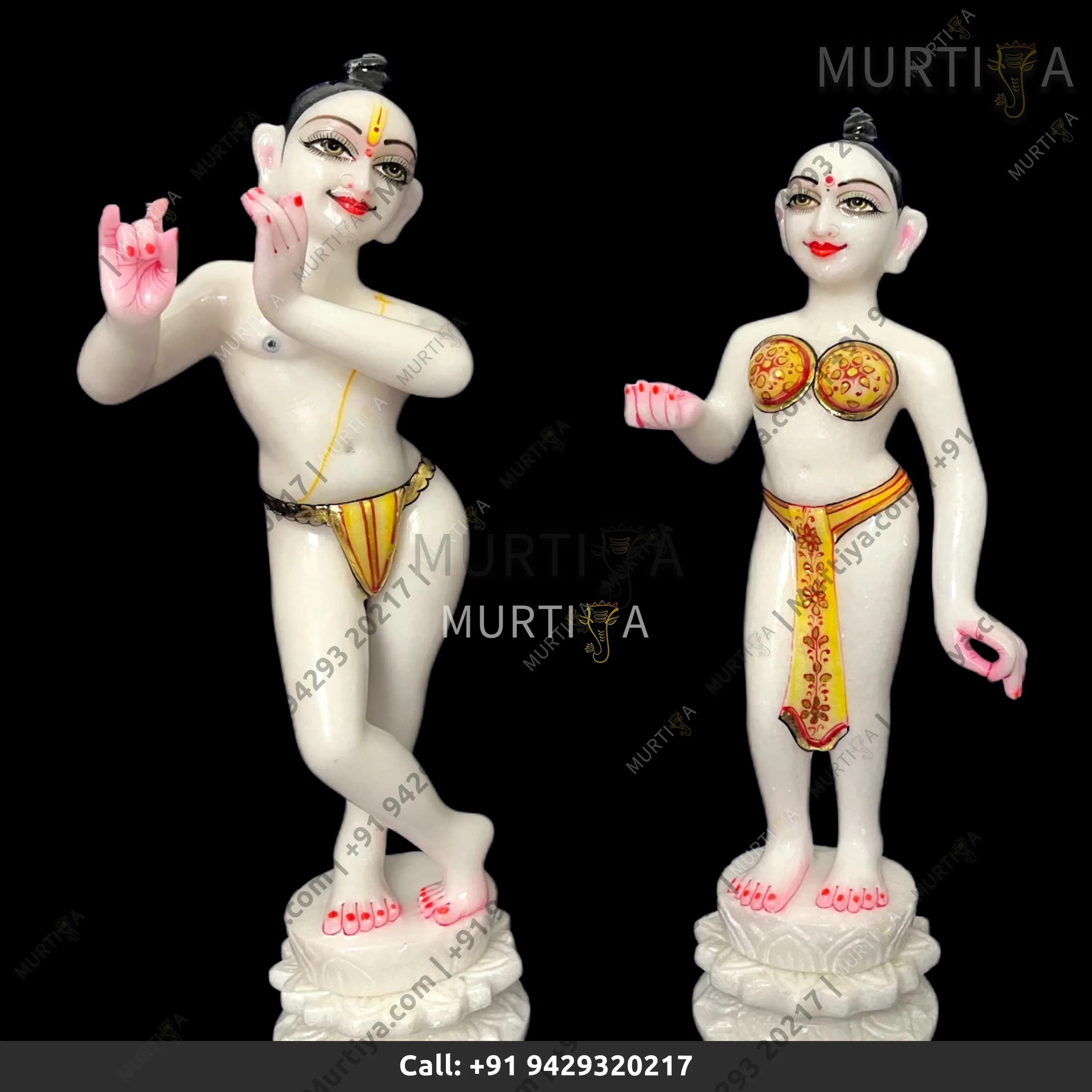 ISKCON 12 Inch White Radha Krishna Marble Statue Handmade Lotus Base