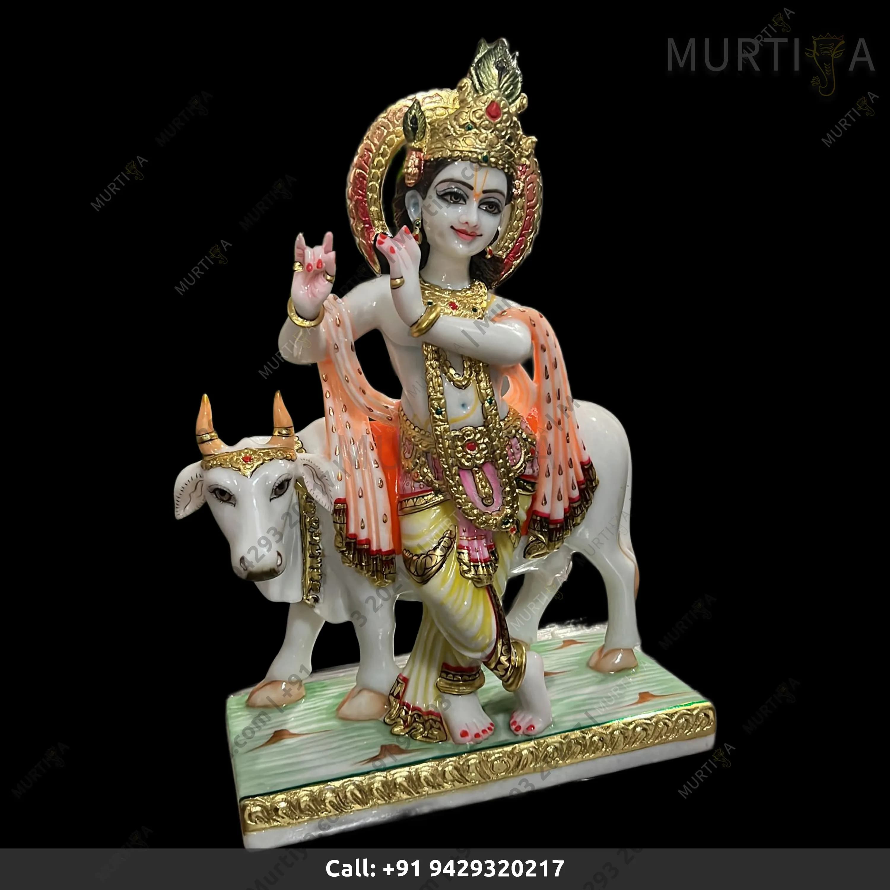 Fully Painted Krishna Ji with Cow Pure White Marble Idol (12–30 Inch)
