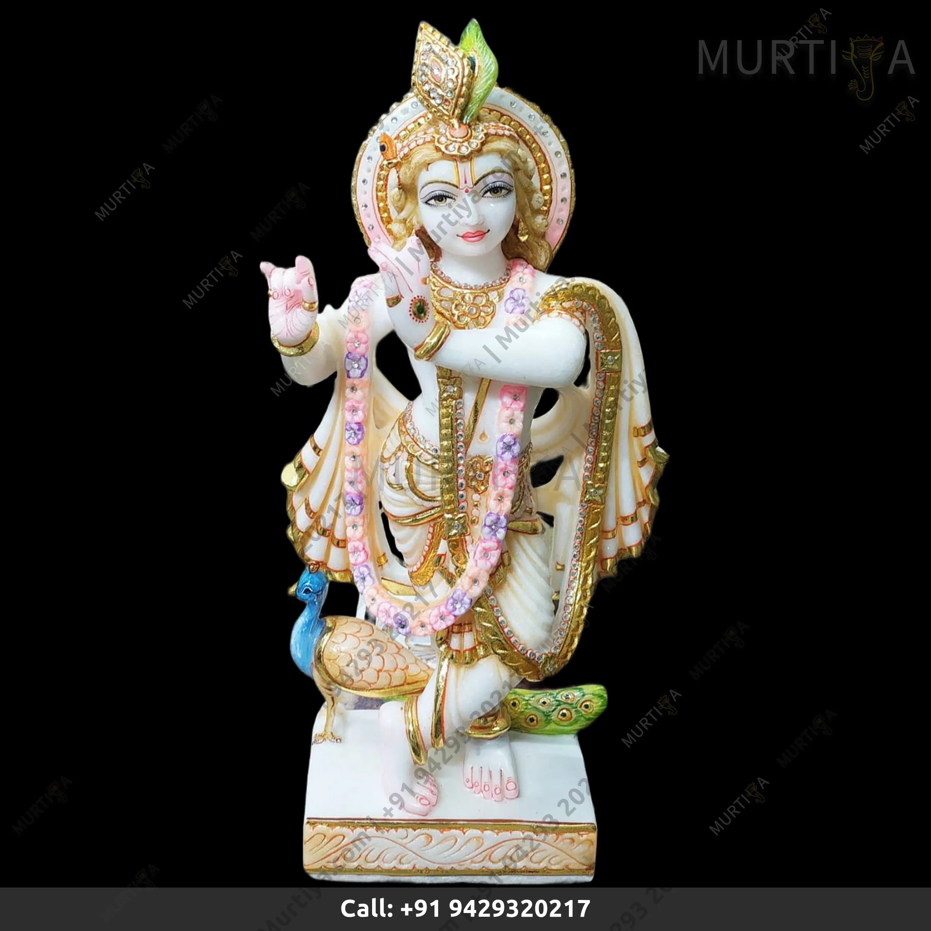 Natural White Vietnam Marble Painted Krishna Ji with Peacock Idol