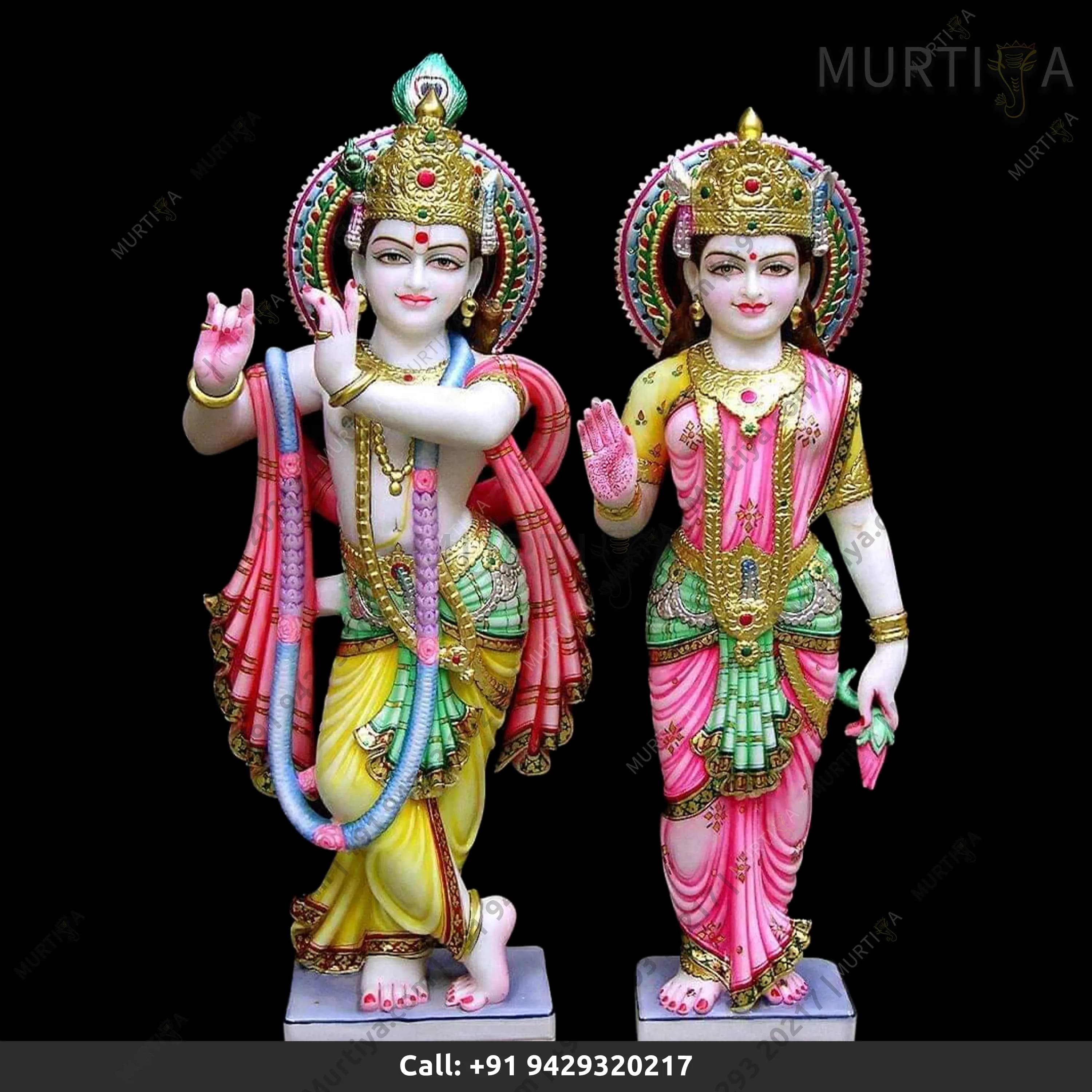 Painted Marble Radha Krishna ji with Peacock & Dark Lotus Idol