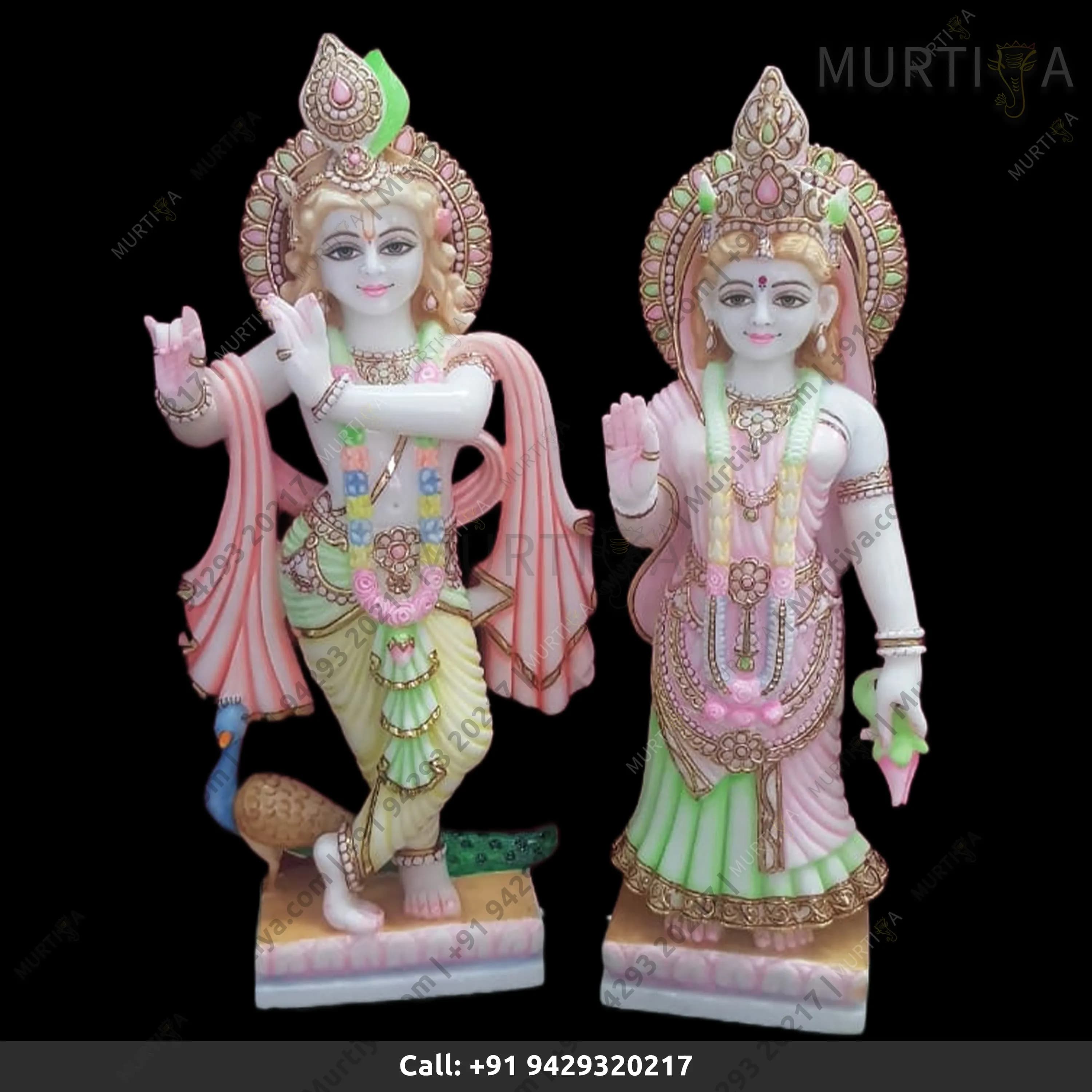 Painted Marble Radha Krishna Peacock Statue Makrana (12–30 in)