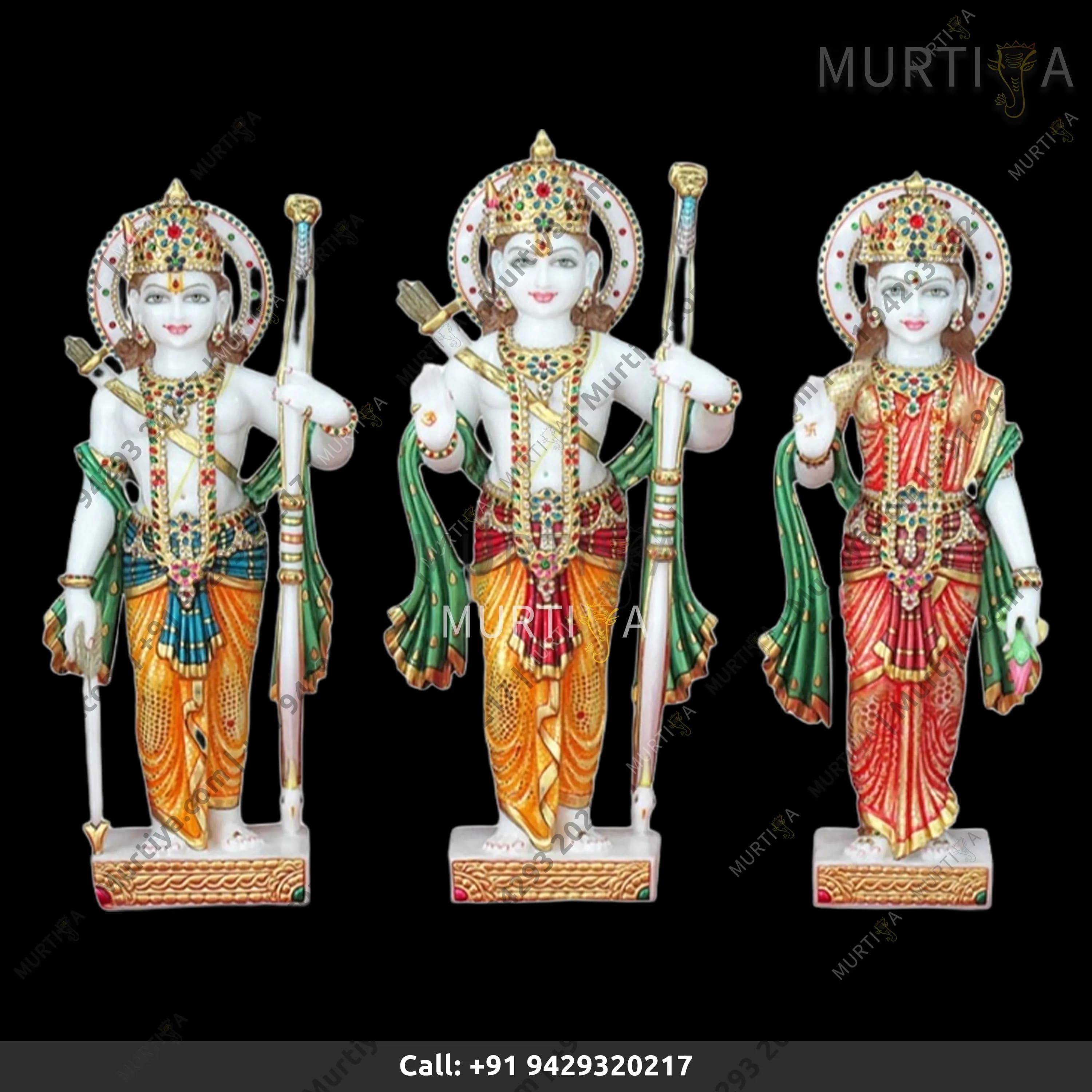 Marble Ram Ji Laxman Ji And Sita Mata Orange Red Clothes Idol