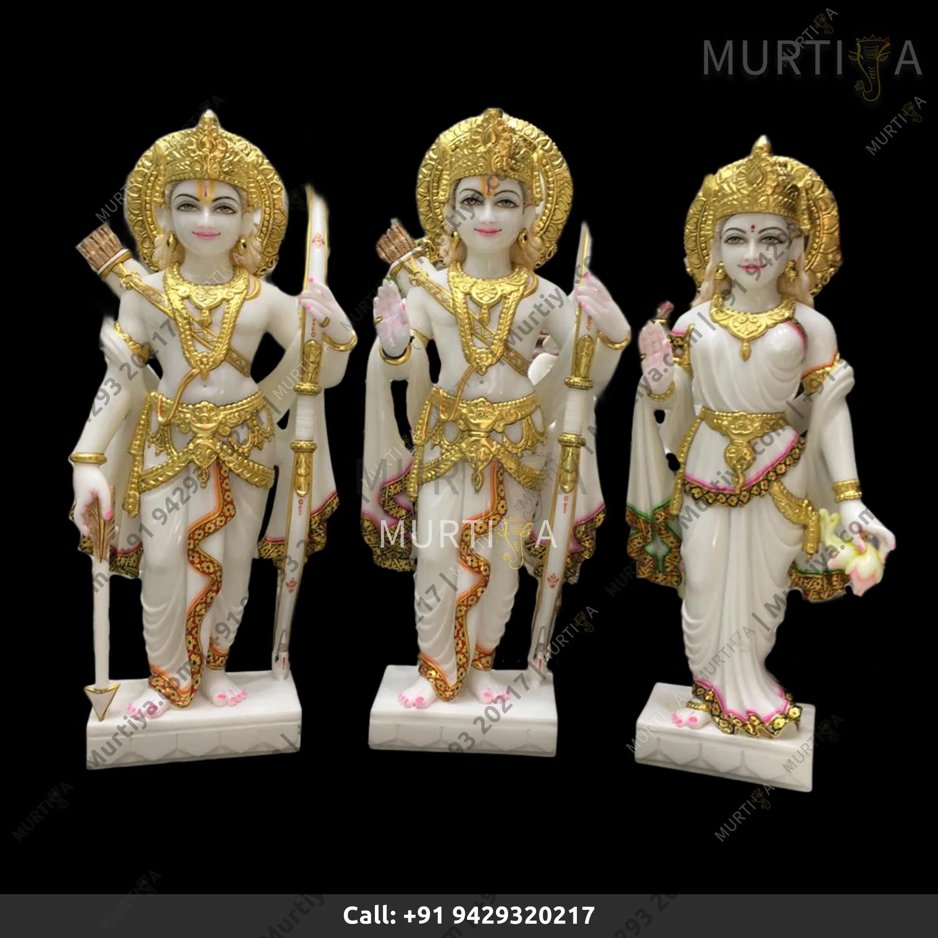 Marble Ram Laxman And Sita Ji Pure White Golden Outline Idol