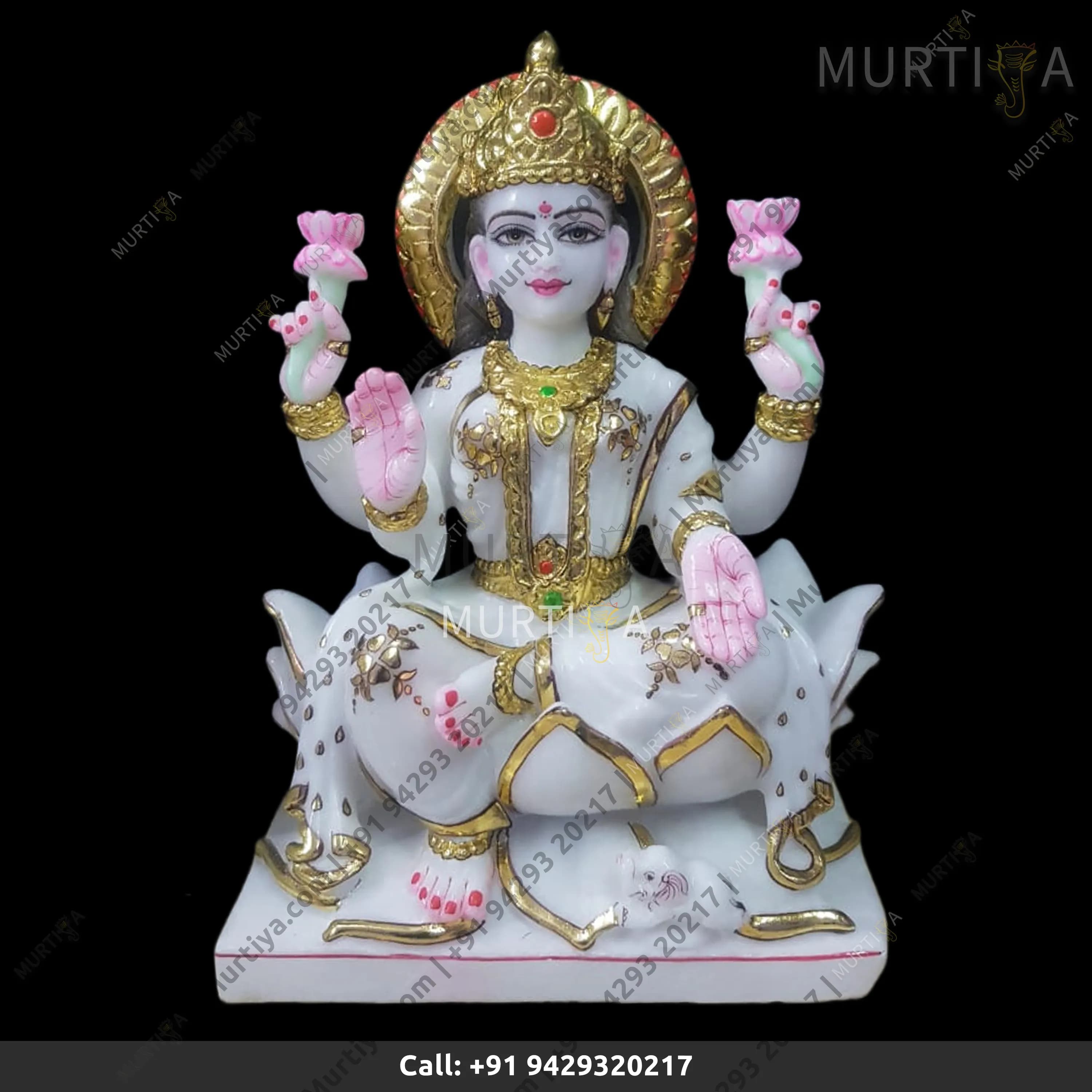 Marble Saraswati Maa Golden Outline Idol on Lotus (12–30 Inch)
