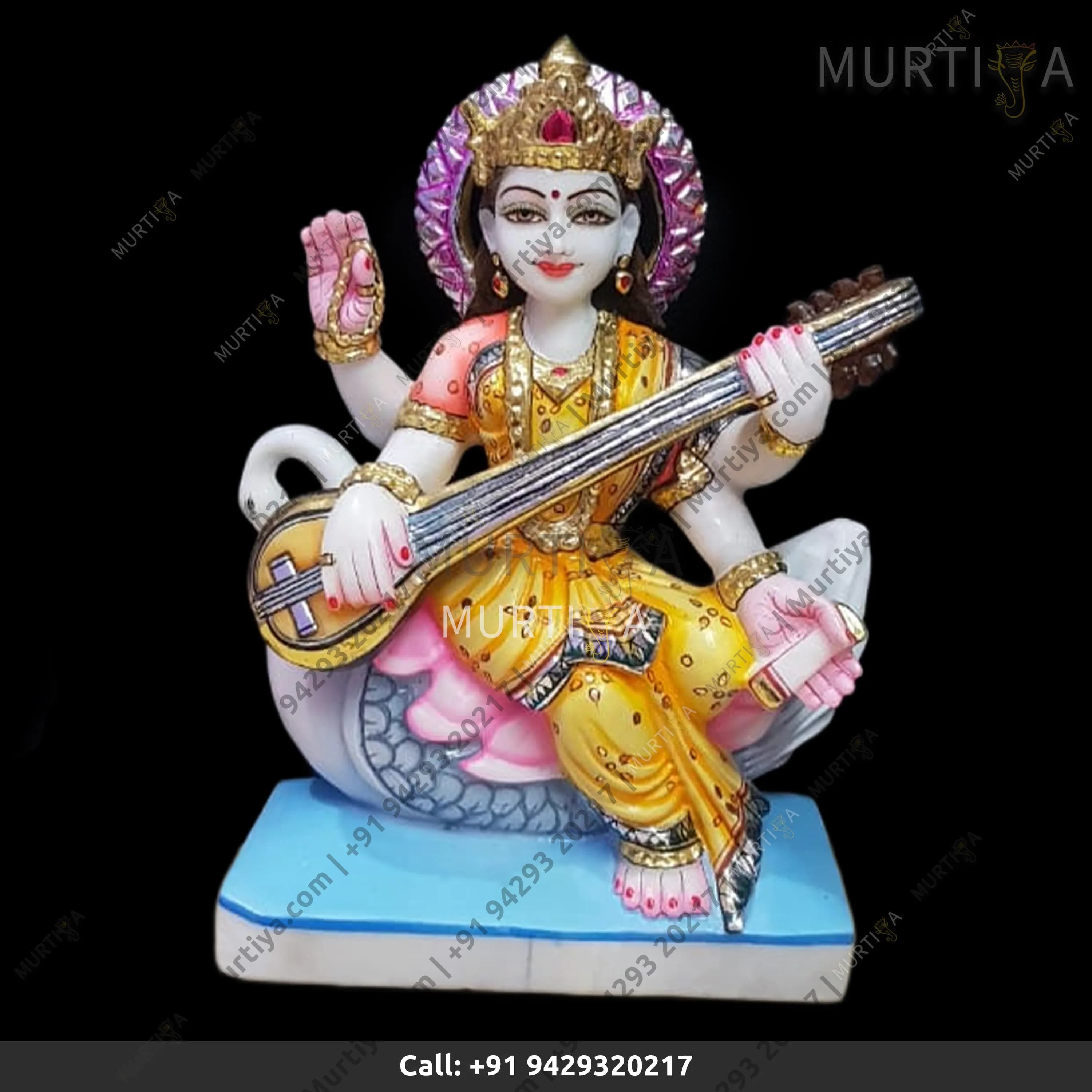 Marble Saraswati Maa On Swan 12 Inch Makrana Marble Idol