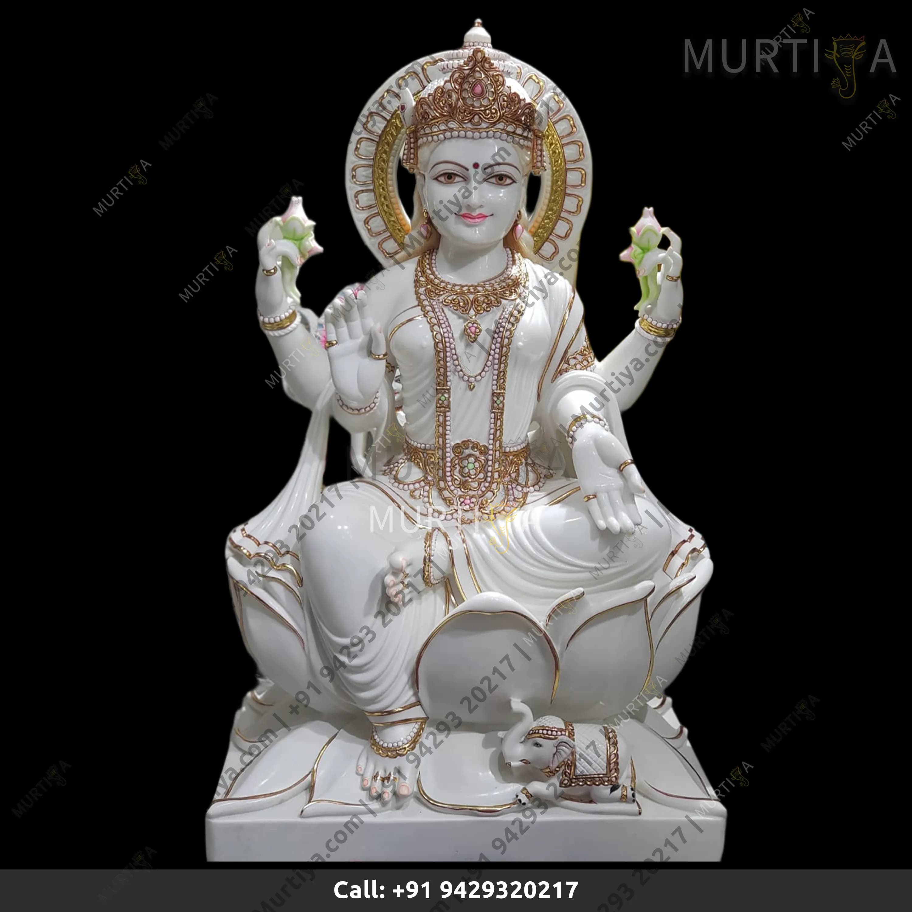 Marble Saraswati Maa Pure White And Golden Outline Idol