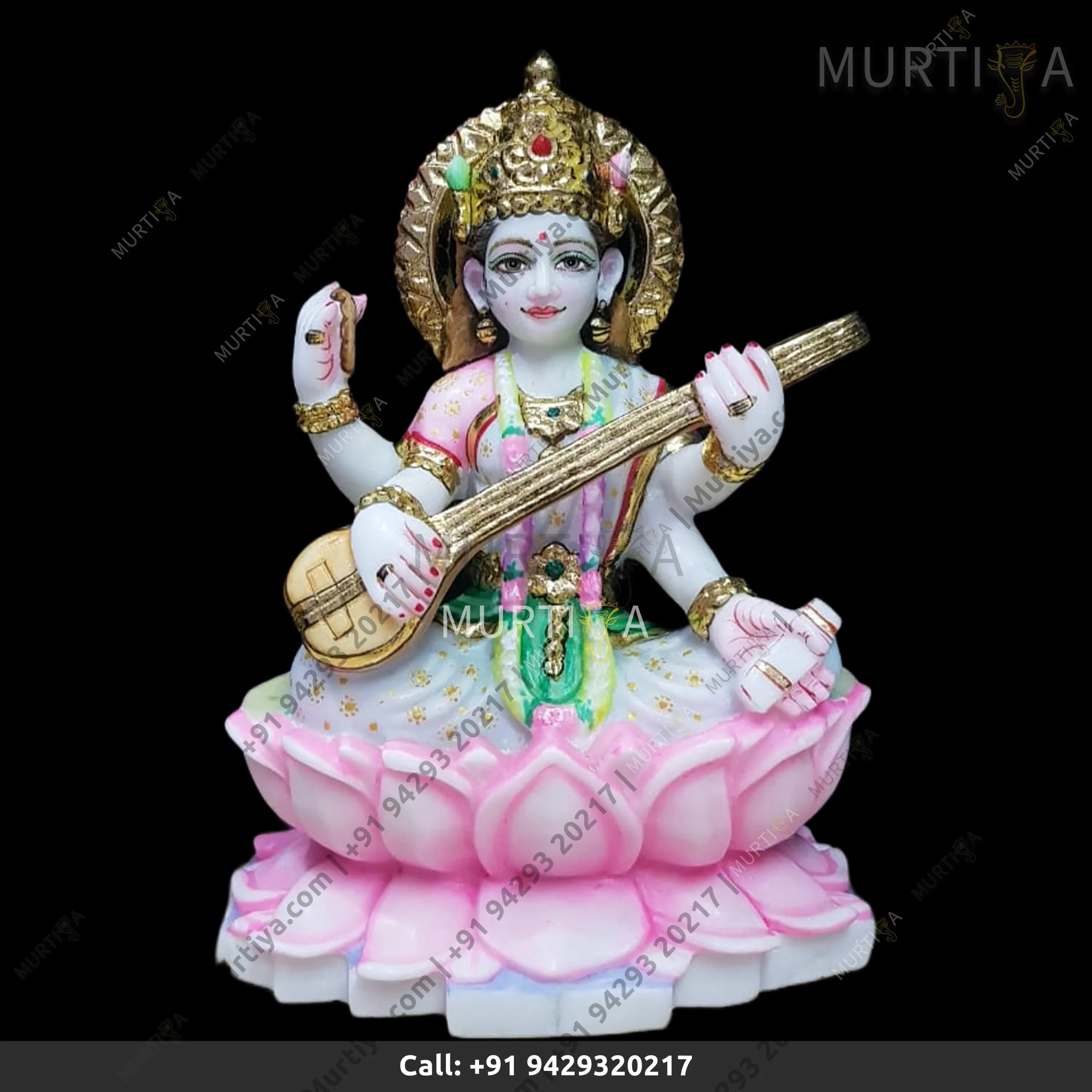 Marble Saraswati Maa White Saree On Lotus - 12 Inch Makrana Idol