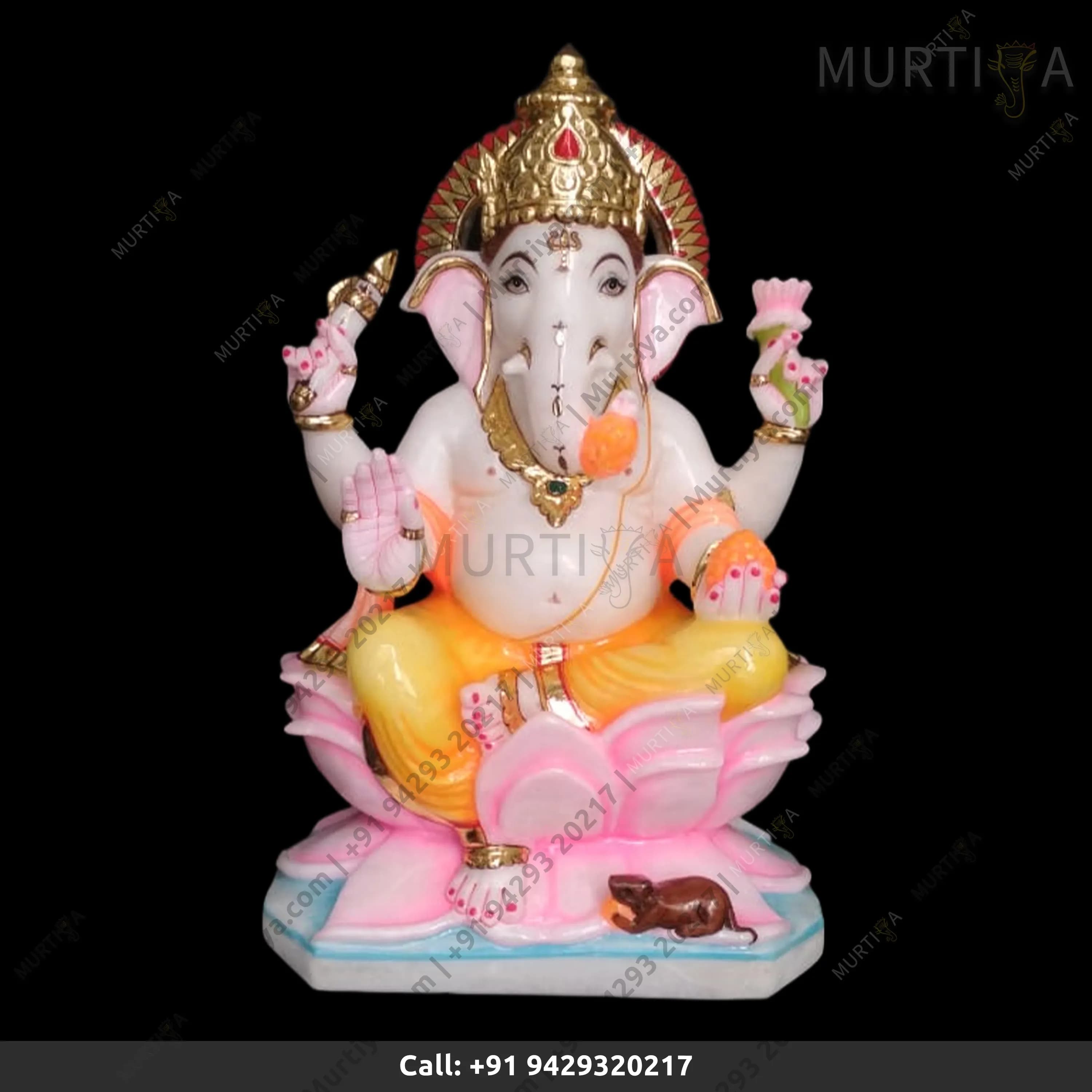 Marble Ganesh ji Fully Colored with Pink Lotus, Makrana
