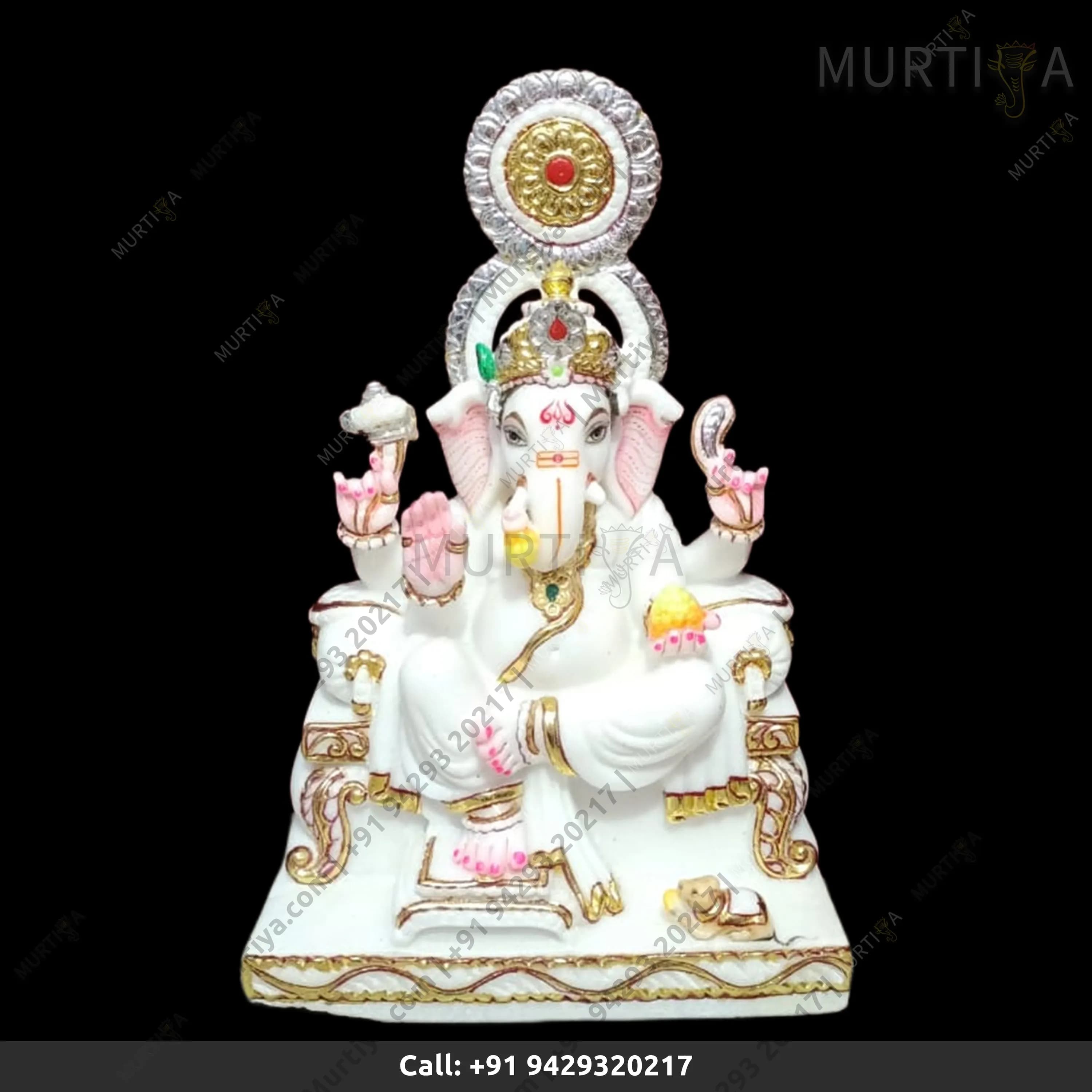Marble Ganesh ji Pure White Double Crown (Makrana) Idol