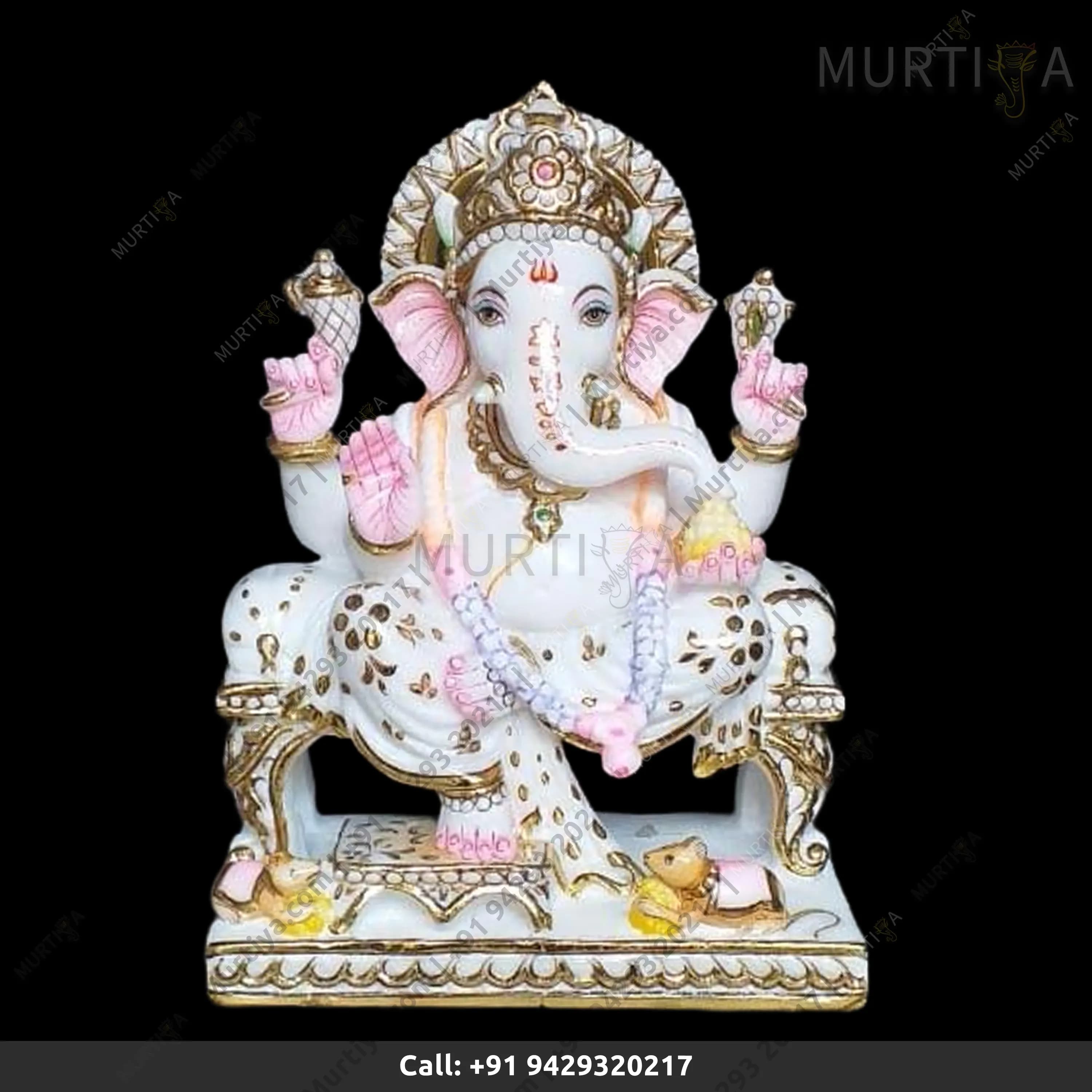 Marble Ganesh ji White & Light Pink Stone Work (Makrana) Idol